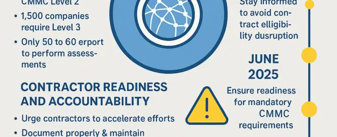 Department of Defense CMMC compliance infographic highlighting phased implementation timeline and resource challenges, CMMC June 2025 updates.