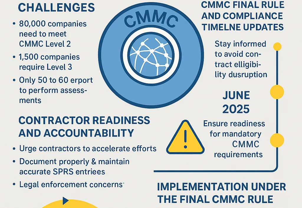 Department of Defense CMMC compliance infographic highlighting phased implementation timeline and resource challenges, CMMC June 2025 updates.