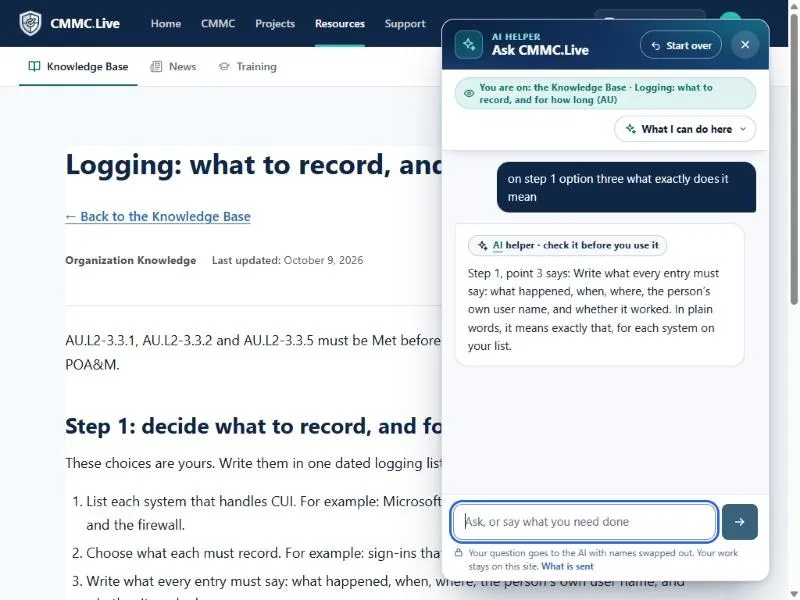 The CMMC.Live AI helper answering a question about a step in a Knowledge Base article