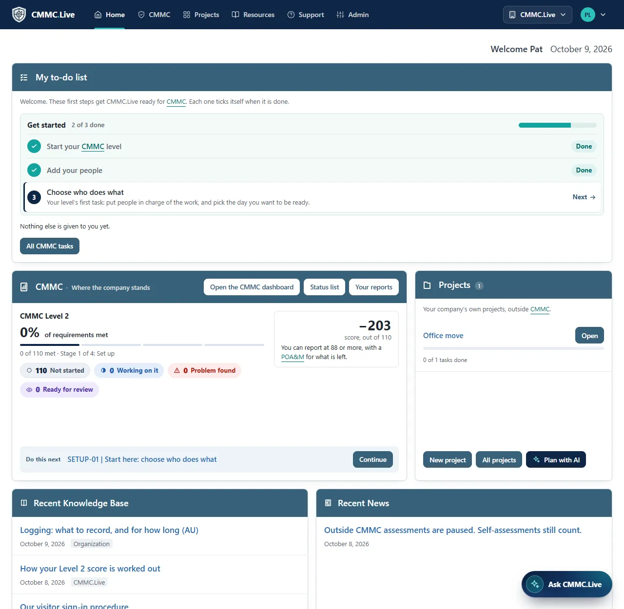 Home in CMMC.Live on a first sign-in: Get started with three first steps, the CMMC box and Projects