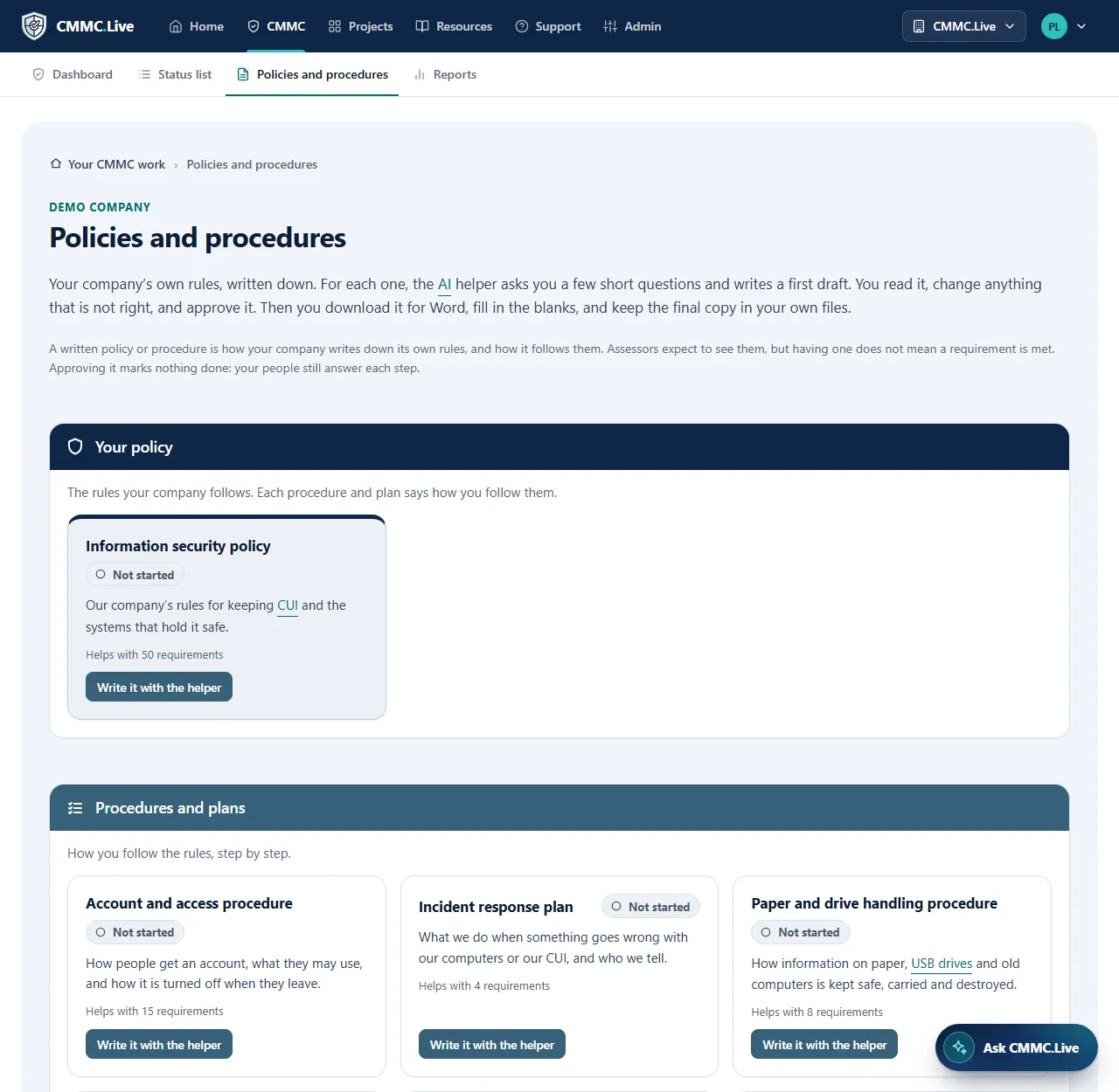 Policies and procedures in CMMC.Live: the security policy, then each procedure and plan
